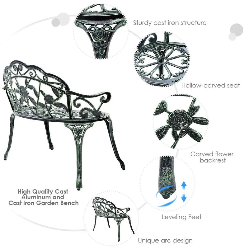 Outdoor Cast Aluminum Patio Bench Antique Rose by DirectDeals