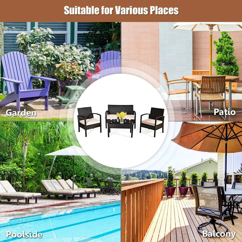 4 Pieces Patio Rattan Conversation Set with Loveseat Sofas and Coffee Table by DirectDeals