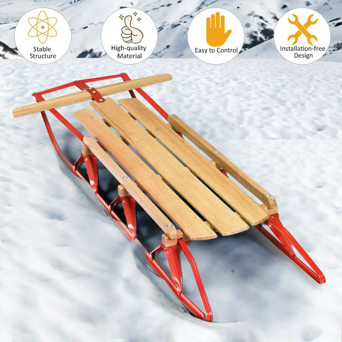 54 Inch Wood Snow Sled with Metal Runners and Steering Bar by DirectDeals