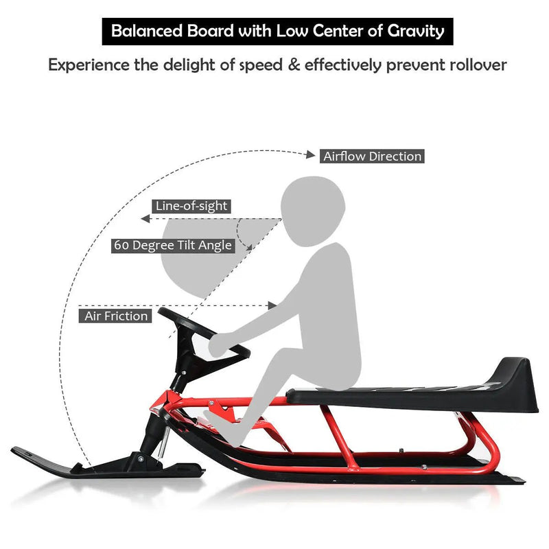 Kids Snow Sled with Steering Wheel and Double Brakes Pull Rope by DirectDeals