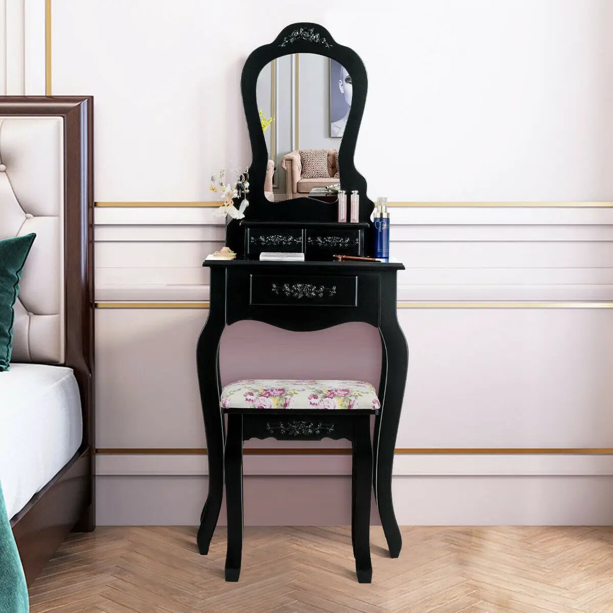 Makeup Dressing Table and Bench 3 Drawers and Cushioned Stool for Girls by DirectDeals