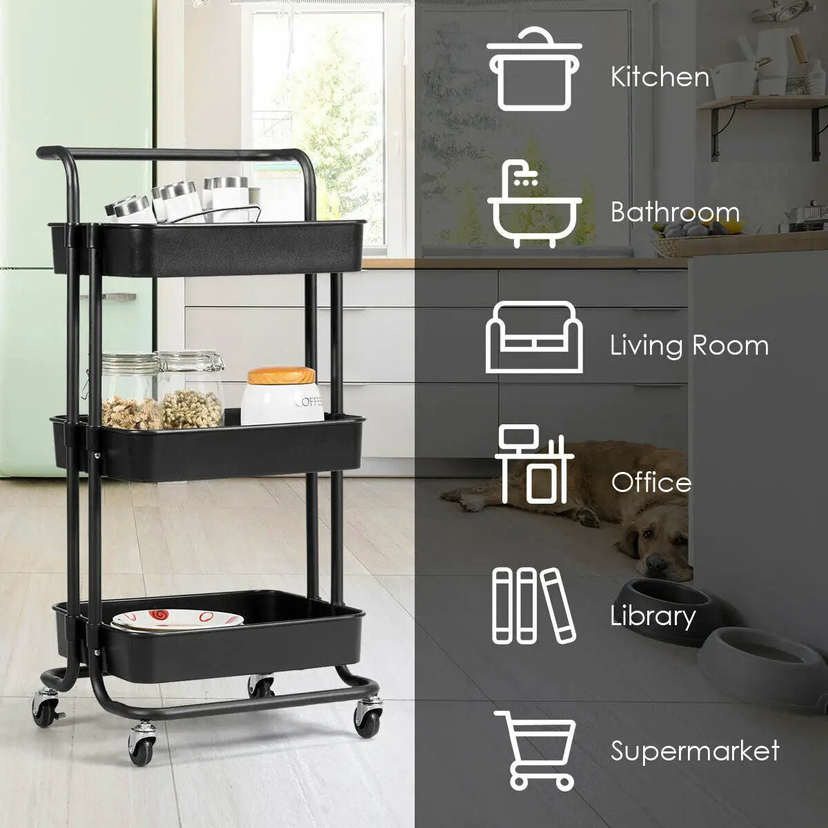 3-Tier Utility Cart Storage Rolling Cart with Casters by DirectDeals