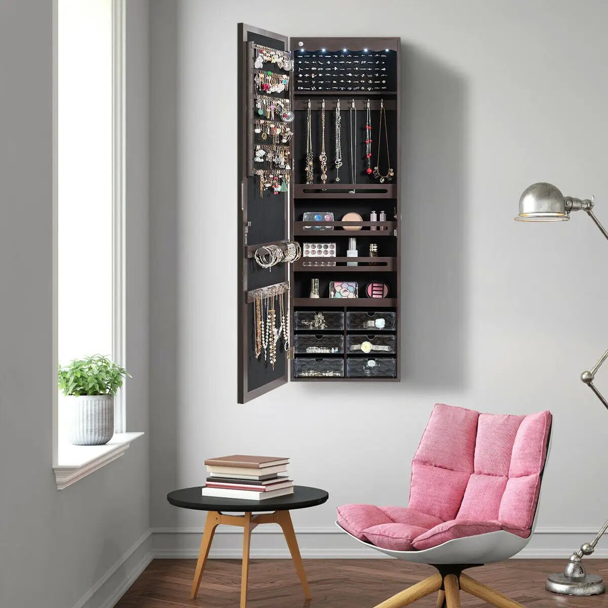 5 LEDs Jewelry Armoire Wall Mounted / Door Hanging Mirror by DirectDeals