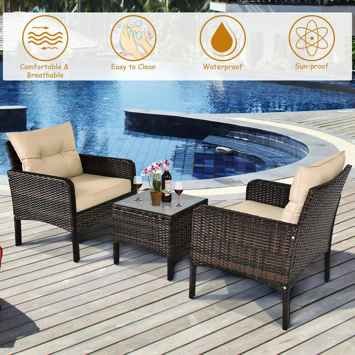 3 Pcs Outdoor Patio Rattan Conversation Set with Seat Cushions-Black by DirectDeals