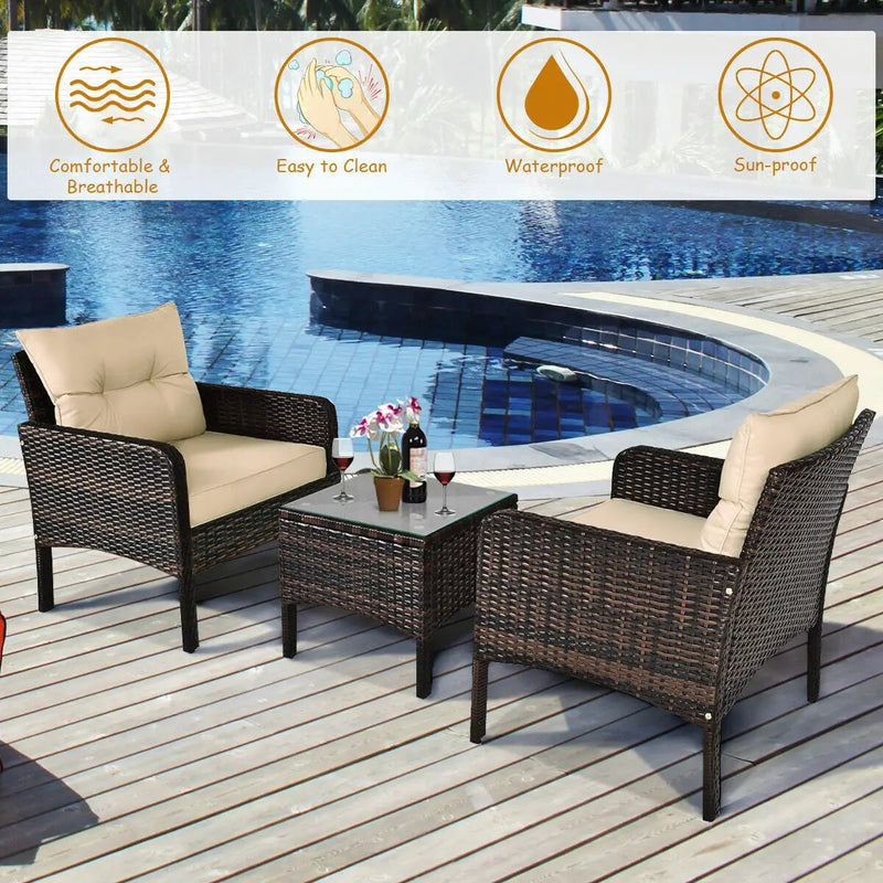 3 Pcs Outdoor Patio Rattan Conversation Set with Seat Cushions-Black by DirectDeals