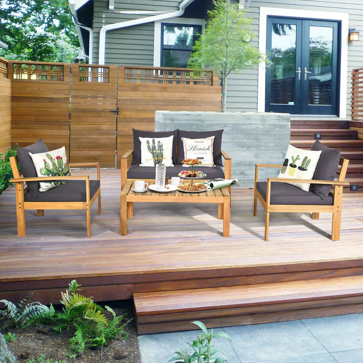 Outdoor 4 Pieces Acacia Wood Chat Set with Water Resistant Cushions by DirectDeals
