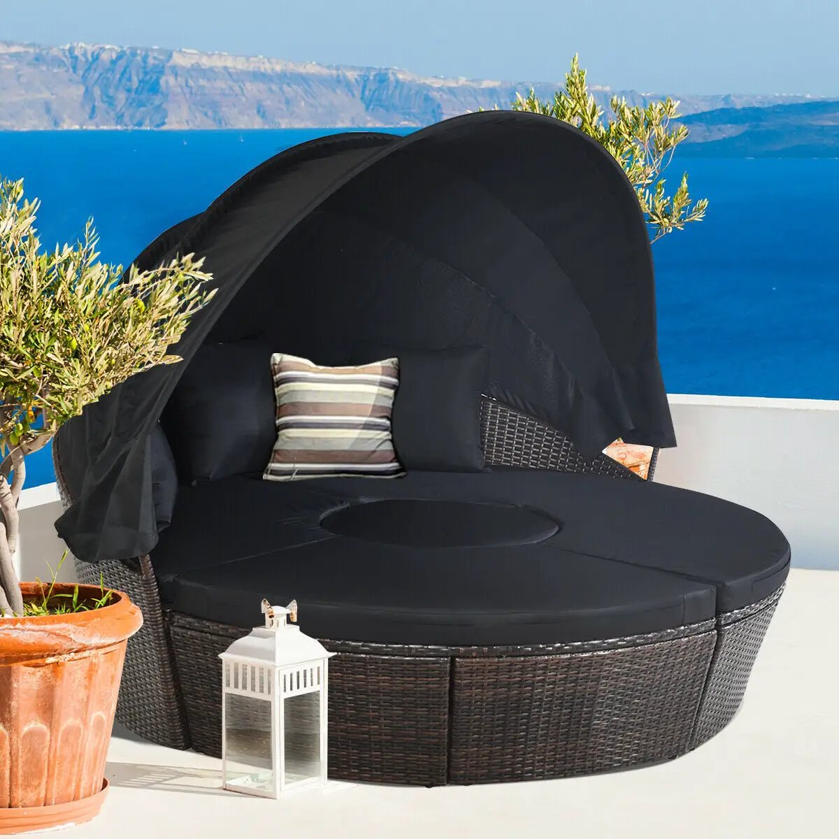 Patio Round Daybed Rattan Furniture Sets with Canopy by DirectDeals