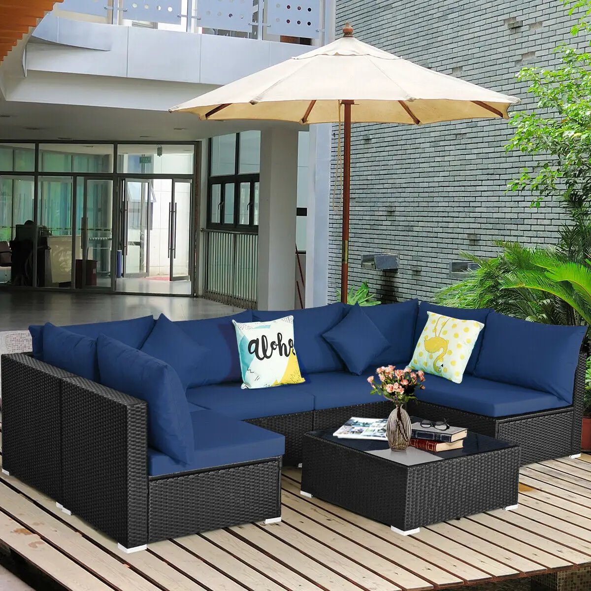7 Pieces Sectional Wicker Furniture Sofa Set with Tempered Glass Top-Red by DirectDeals