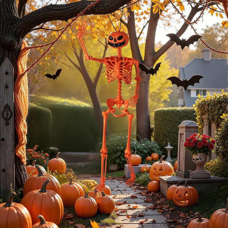 5.2 FT Orange Life-Size Poseable Halloween Skeleton with Pumpkin Head and Movable Joints by DirectDeals