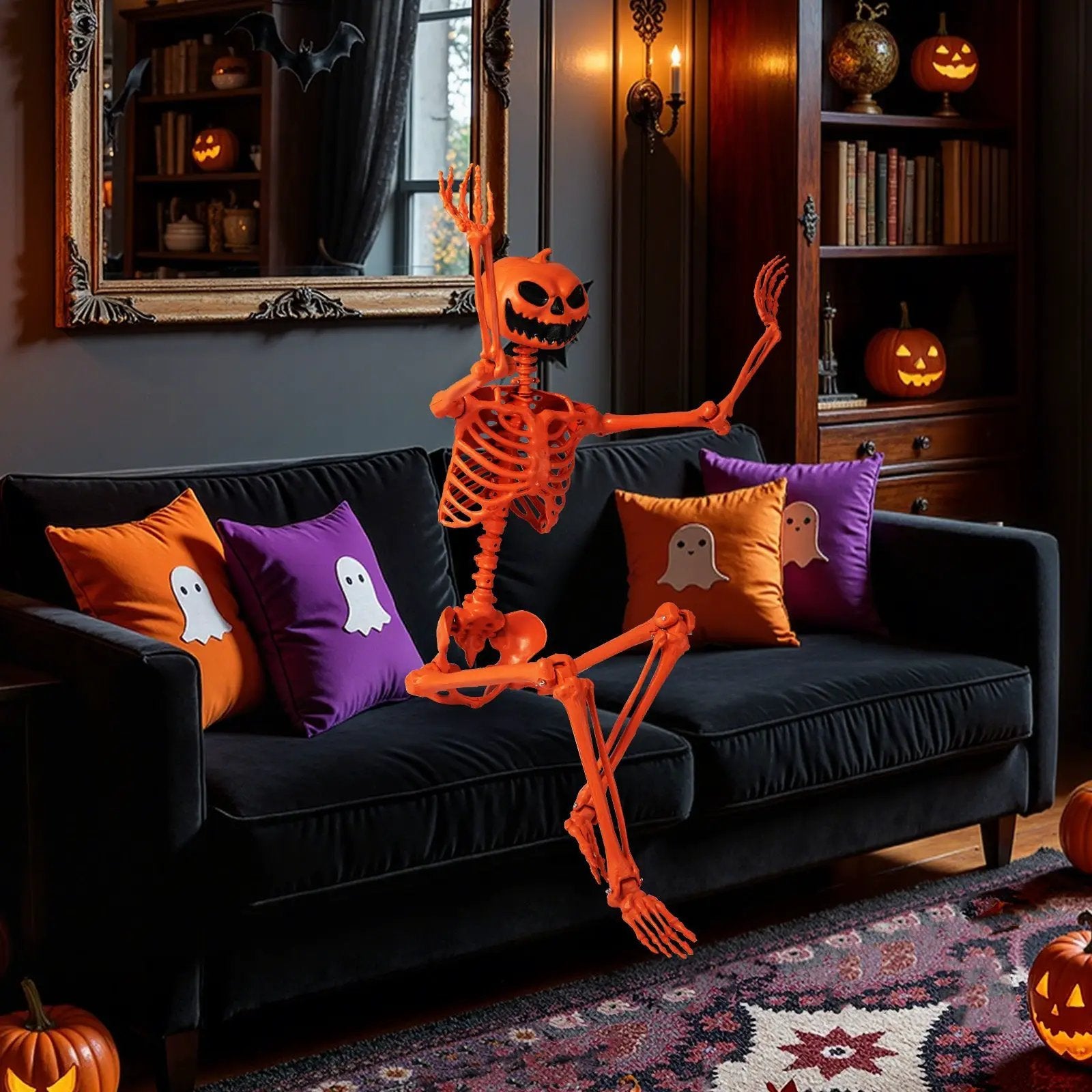 5.2 FT Orange Life-Size Poseable Halloween Skeleton with Pumpkin Head and Movable Joints by DirectDeals