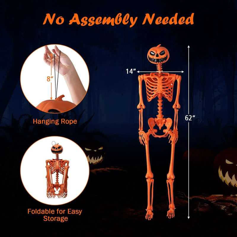 5.2 FT Orange Life-Size Poseable Halloween Skeleton with Pumpkin Head and Movable Joints by DirectDeals