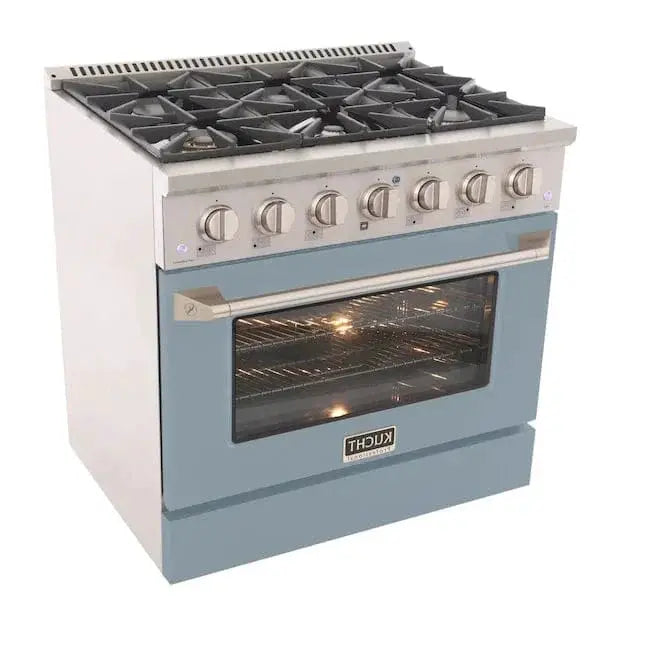 Kucht 36" Propane Range, in Stainless Steel, Light Blue Door, KNG361/LP-LB by Farmhouse Kitchen and Bath