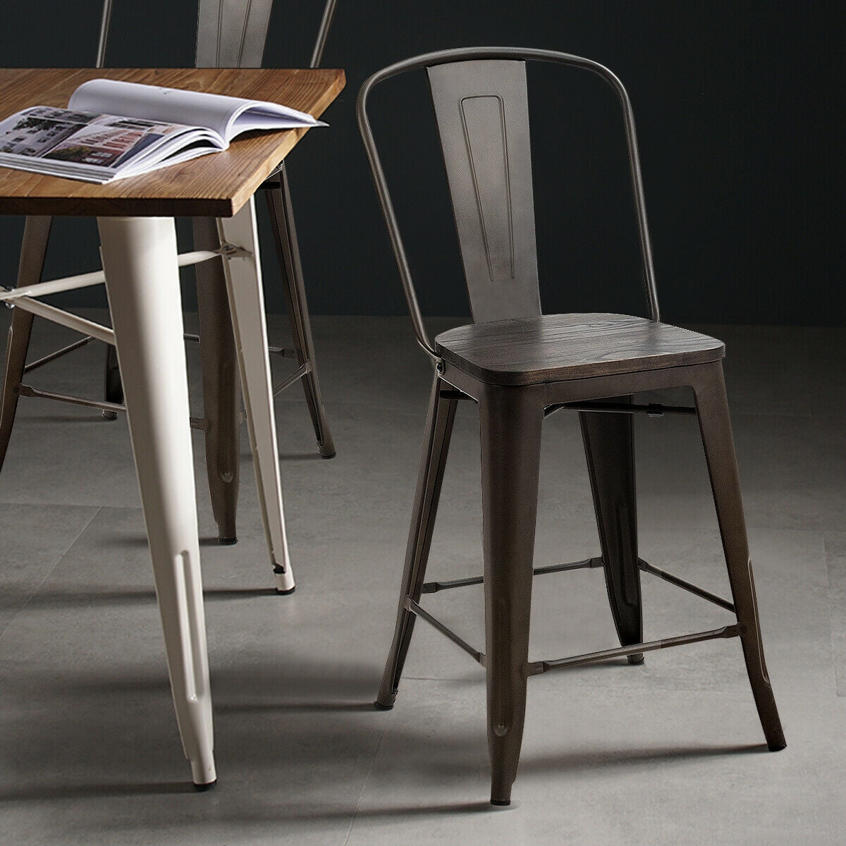 Set of 4 Industrial Metal Counter Stool Dining Chairs with Removable Backrests by DirectDeals
