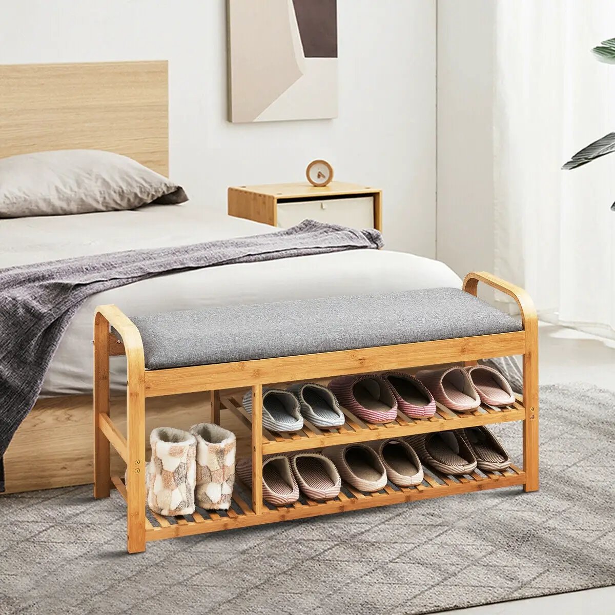 3-Tier Bamboo Shoe Rack Bench with Cushion-Natural by DirectDeals