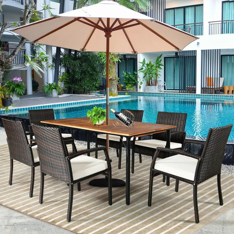 7Pcs Patio Rattan Cushioned Dining Set with Umbrella Hole by DirectDeals