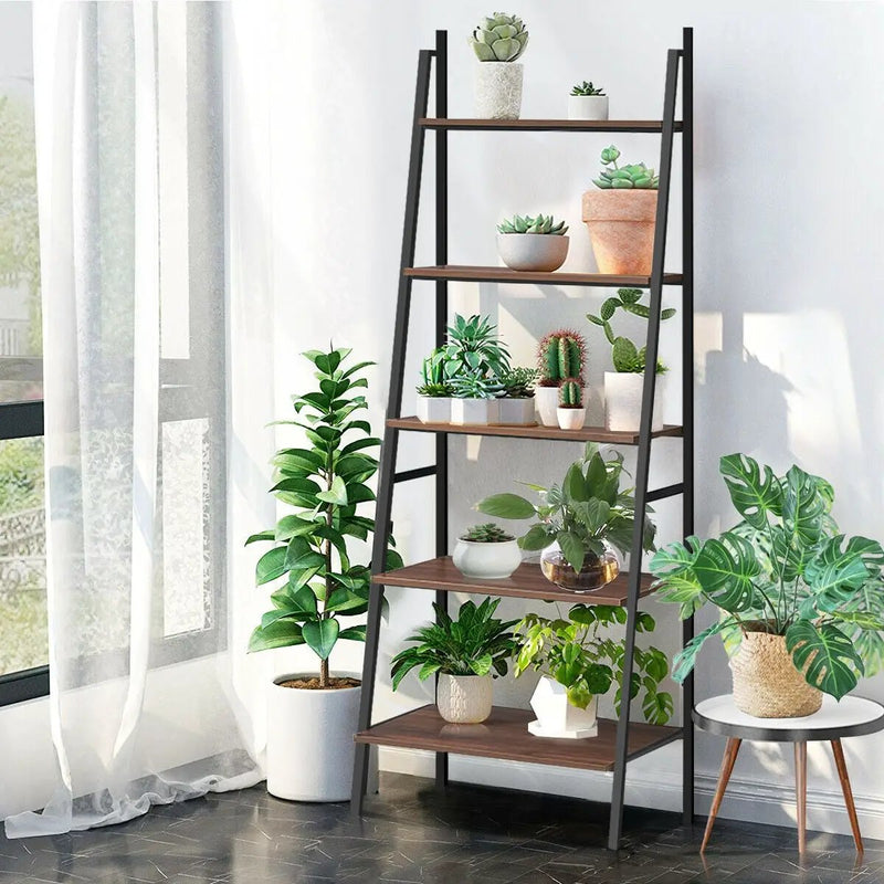 5 Tier Leaning Bookshelf Wood Metal Bookcase by DirectDeals
