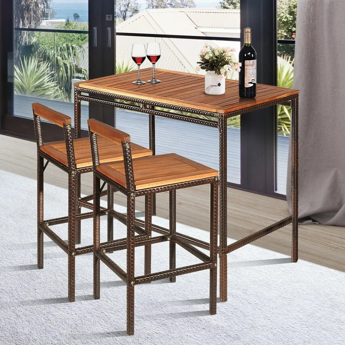 3 Pieces Patio Rattan Wicker Bar Dining Furniture Set by DirectDeals