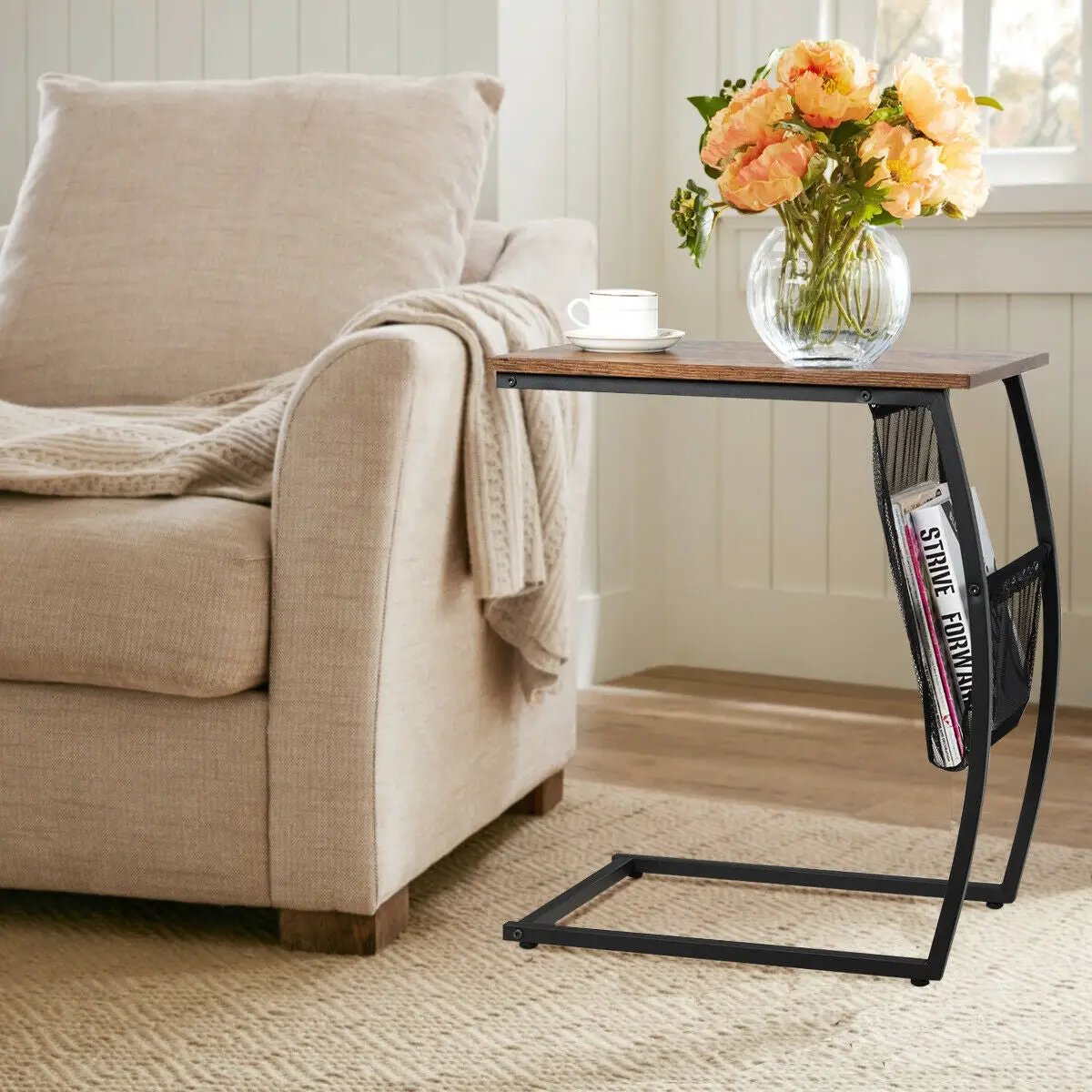 C-shaped Vintage End Table with Side Pocket and Metal Frame by DirectDeals