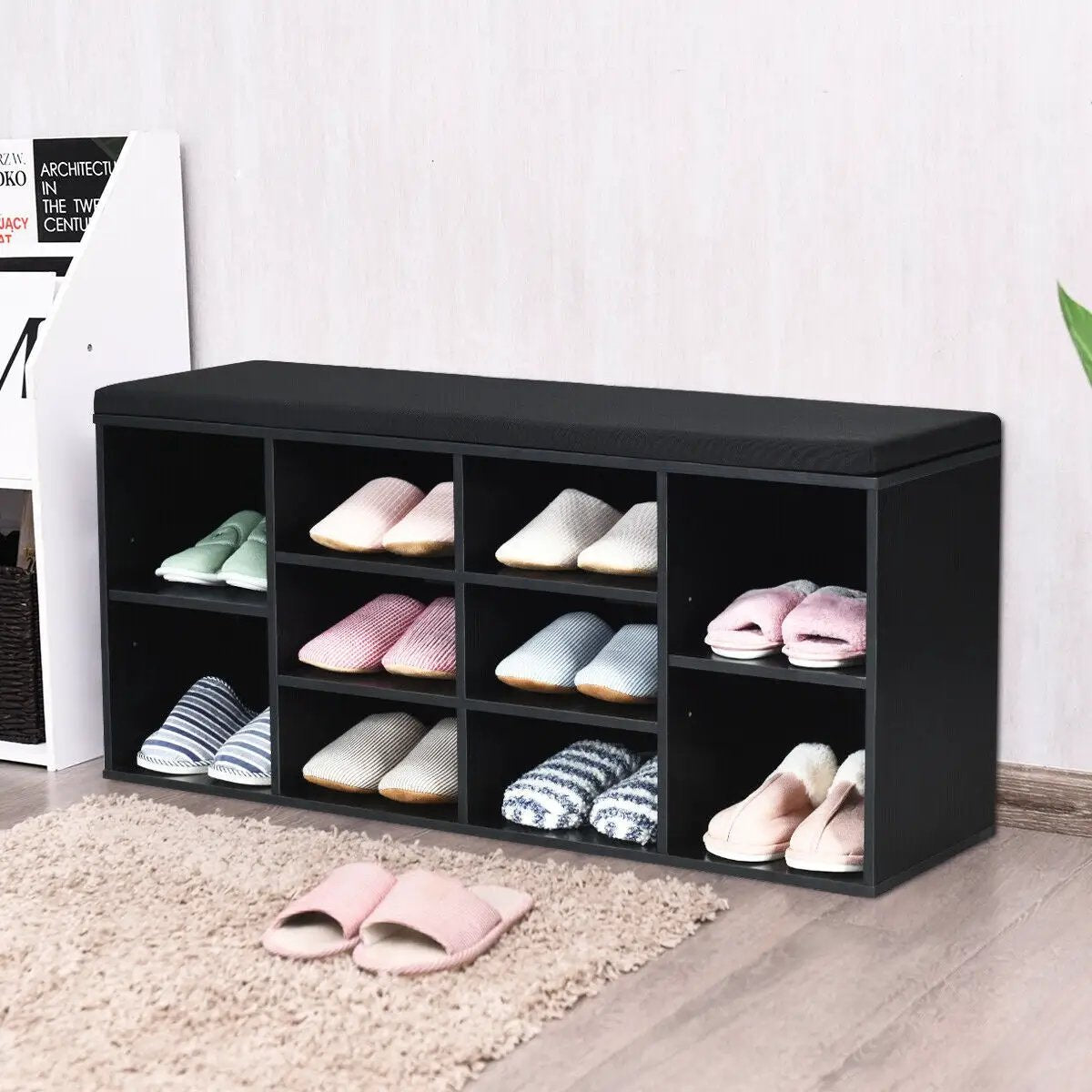 10-Cube Organizer Shoe Storage Bench with Cushion for Entryway by DirectDeals
