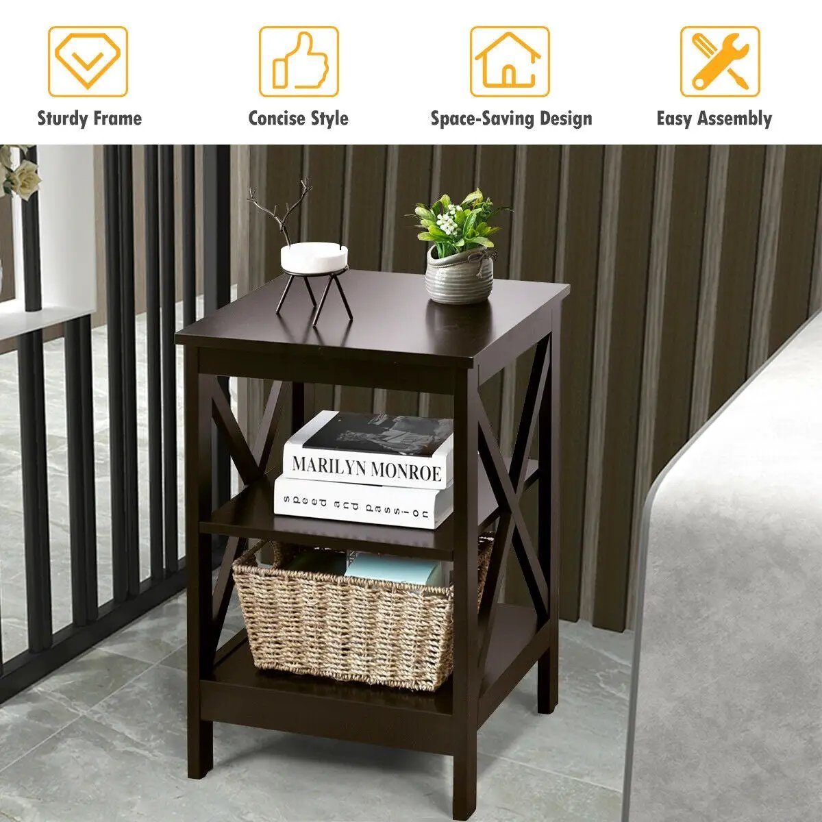 3-Tier Nightstand End Table with X Design Storage by DirectDeals
