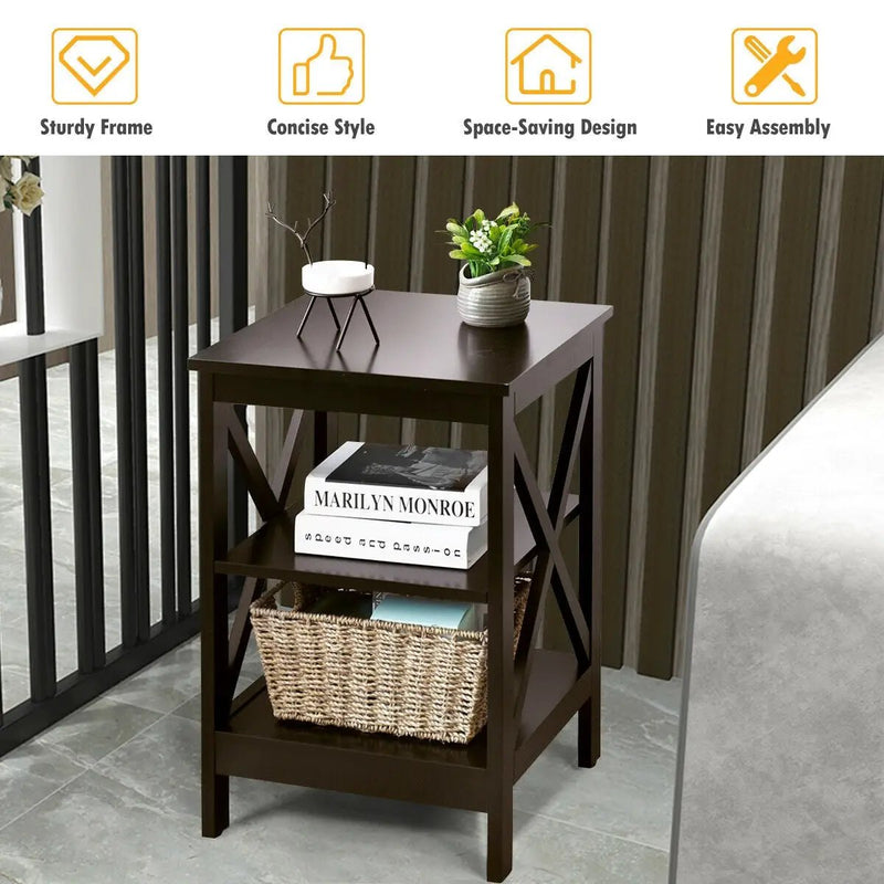 3-Tier Nightstand End Table with X Design Storage by DirectDeals