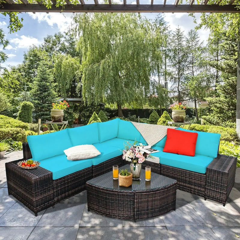 6 Piece Wicker Patio Sectional Sofa Set with Tempered Glass Coffee Table by DirectDeals