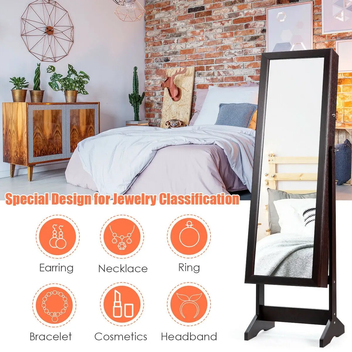 Jewelry Cabinet Stand Mirror Armoire with Large Storage Box by DirectDeals