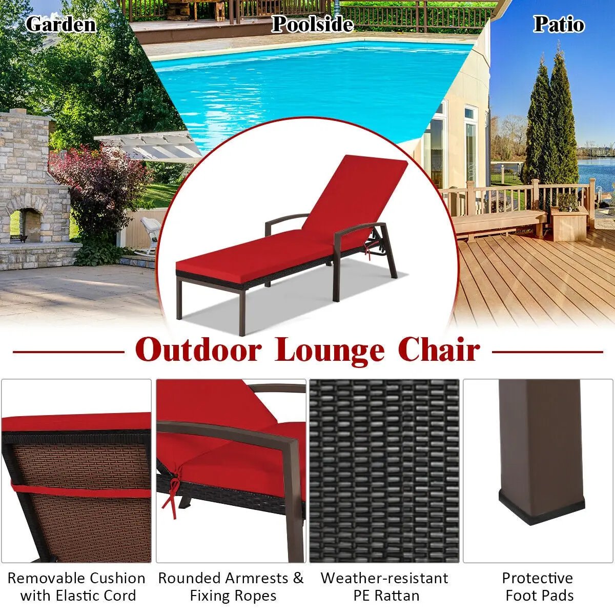 Patio Rattan Lounge Chaise Recliner with Back Adjustable Cushioned by DirectDeals