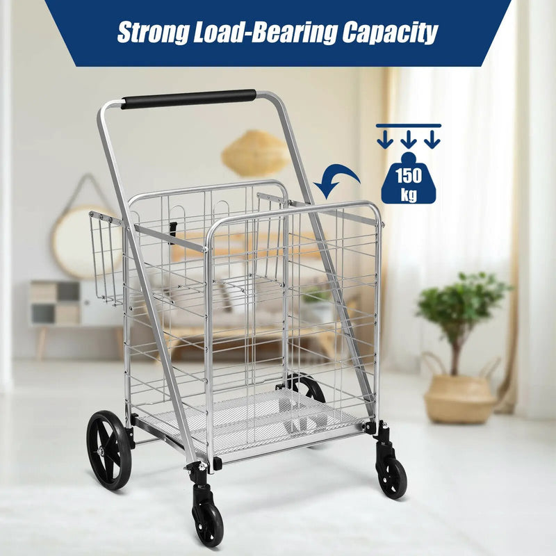 Heavy Duty Folding Utility Shopping Double Cart-Silver by DirectDeals