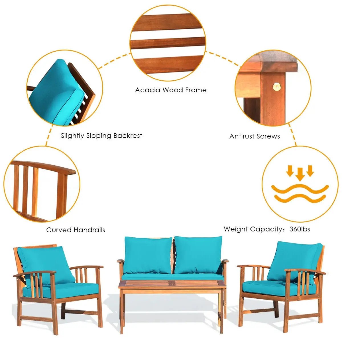 4 Pcs Wooden Patio Furniture Set Table Sofa Chair Cushioned Garden by DirectDeals