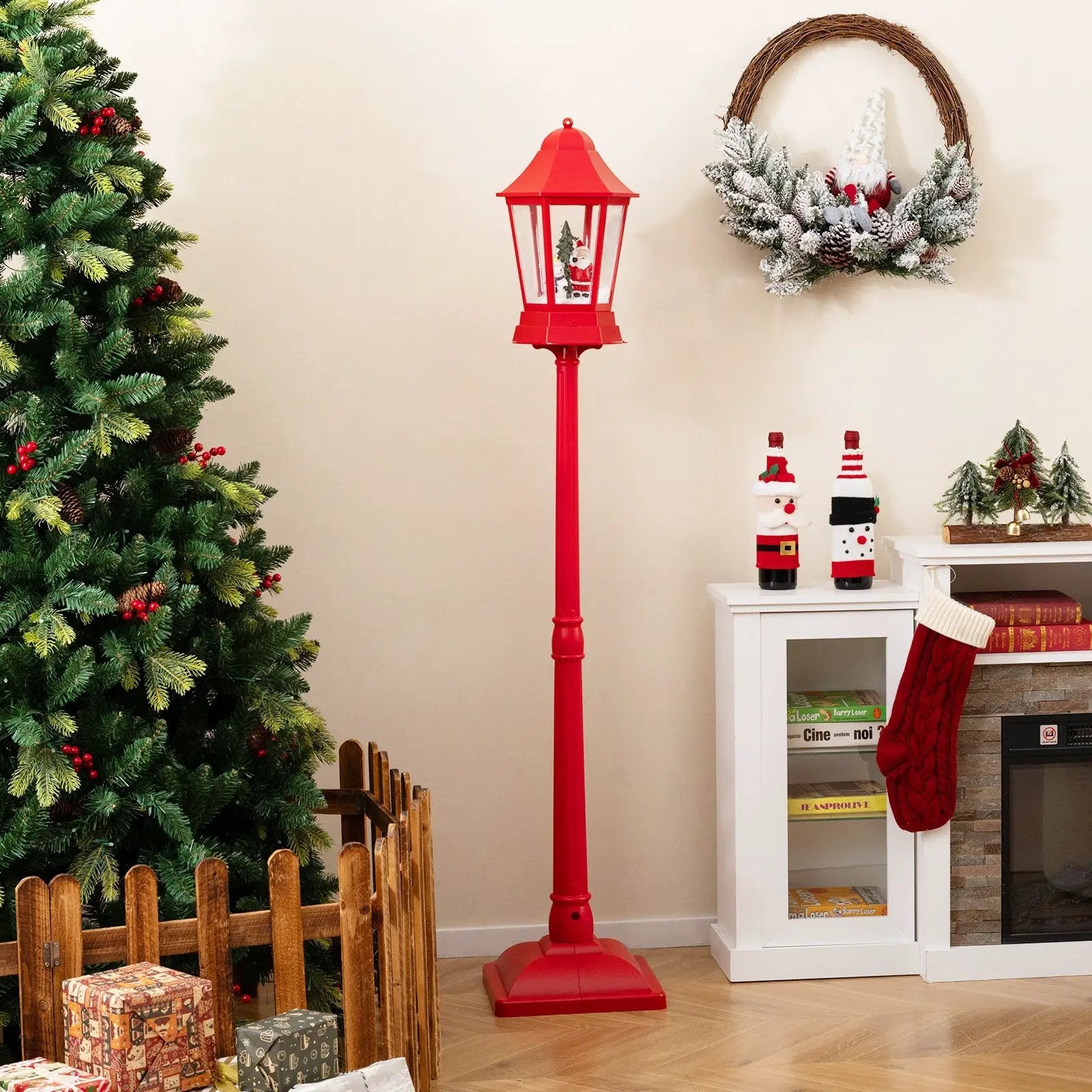 5.3 Feet Musical Christmas Street Lamp with Blowing Snow and LED Lights-Red by DirectDeals