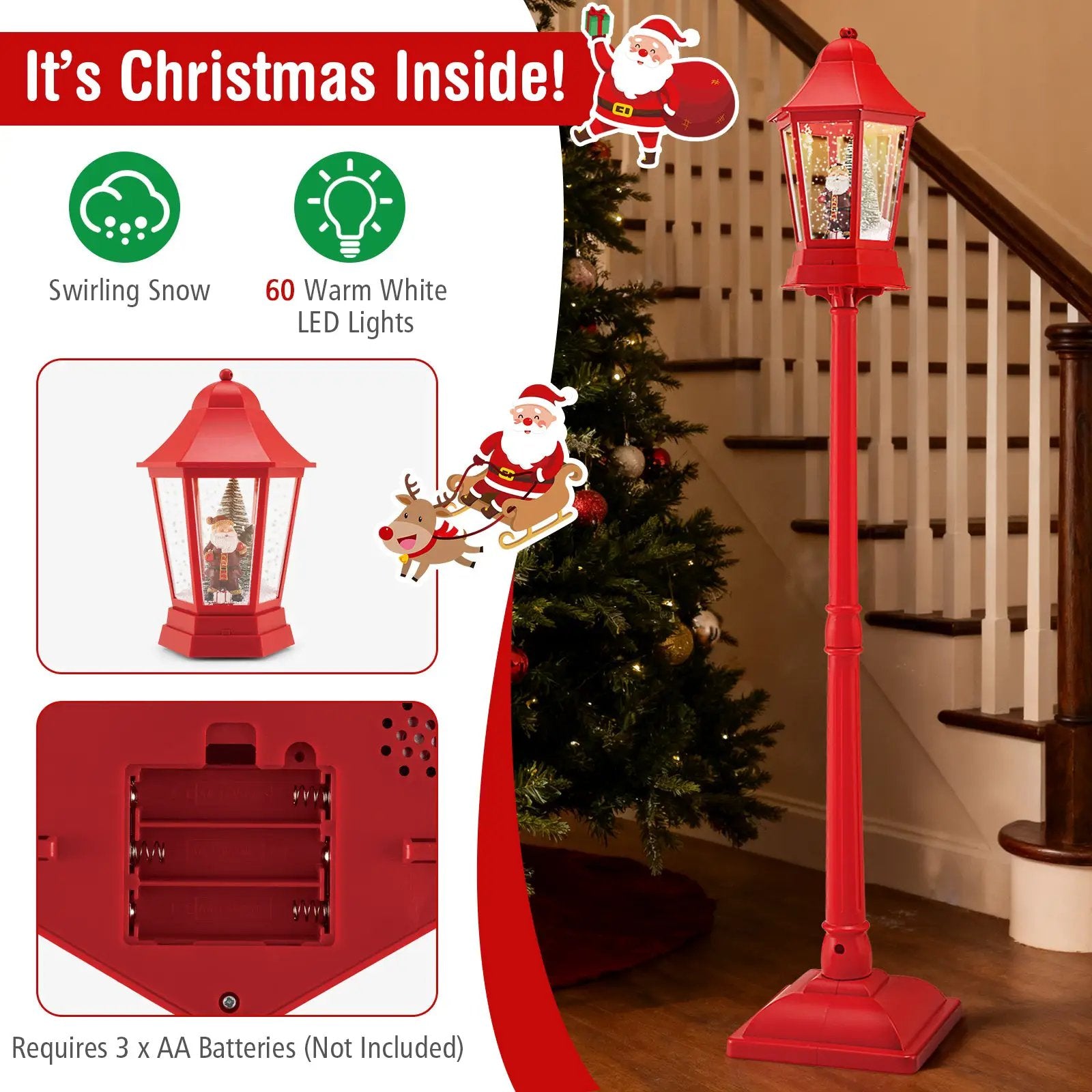 5.3 Feet Musical Christmas Street Lamp with 60 Warm White LED Lights-Red by DirectDeals
