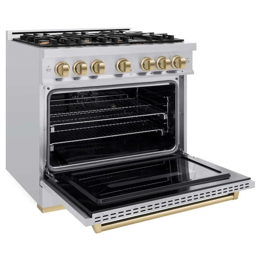 ZLINE 36" Dual Fuel Range, Gas Cooktop, Electric Convection Oven Stainless Steel, Champagne Bronze CDRZ-36-CB by Farmhouse Kitchen and Bath
