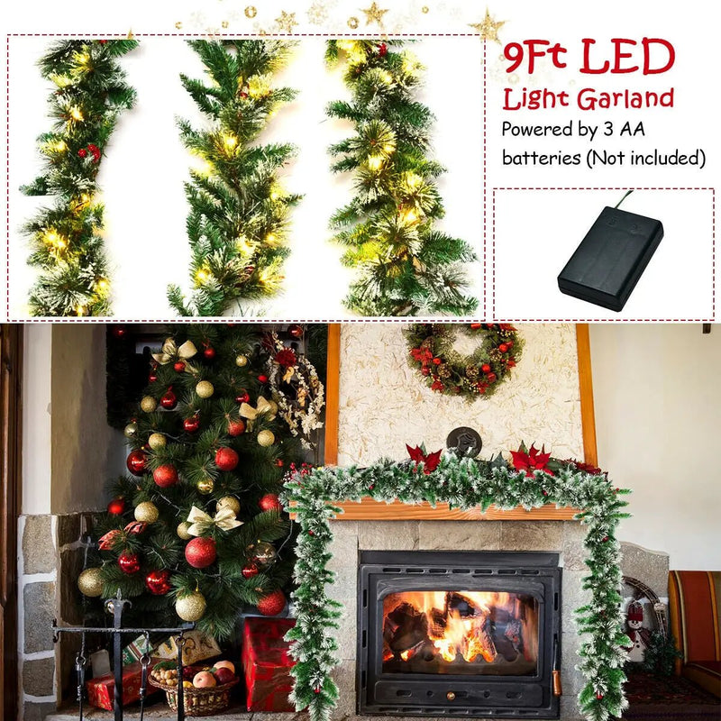 9 Feet Pre-lit Snow Flocked Tips Christmas Garland with Red Berries by DirectDeals