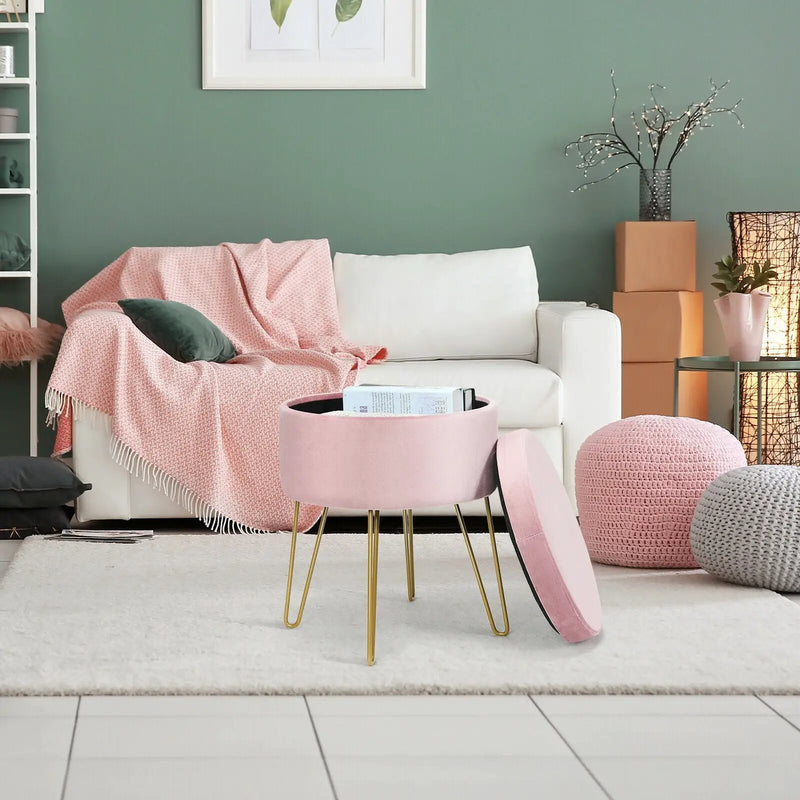 Round Velvet Storage Ottoman Footrest Stool Vanity Chair with Metal Legs by DirectDeals