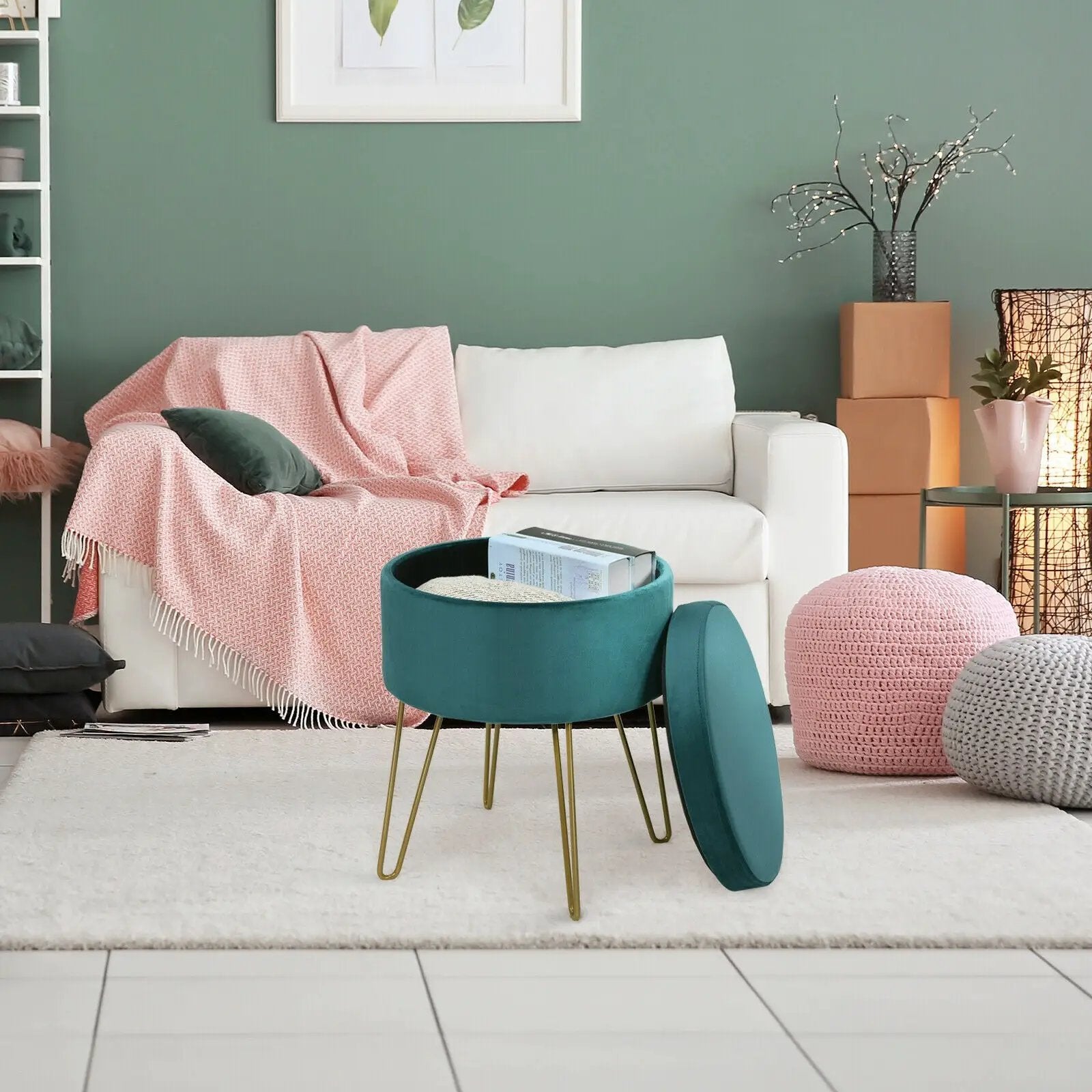 Round Velvet Storage Ottoman Footrest Stool Vanity Chair with Metal Legs by DirectDeals