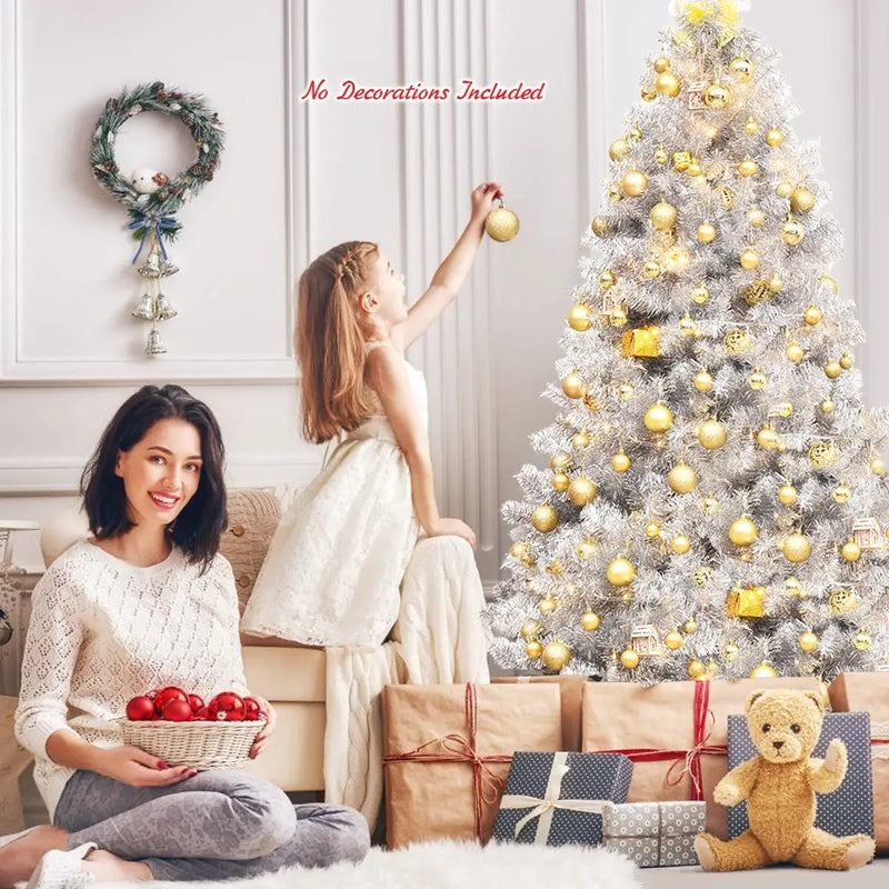 6 Feet Hinged Unlit Artificial Silver Tinsel Christmas Tree with Metal Stand by DirectDeals