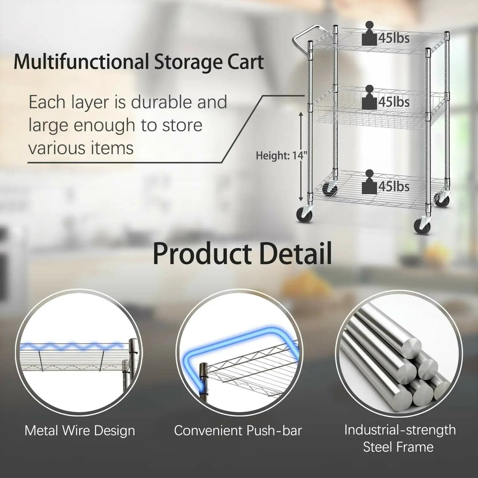 3-Tier Rolling Utility Cart with Handle Bar and Adjustable Shelves by DirectDeals