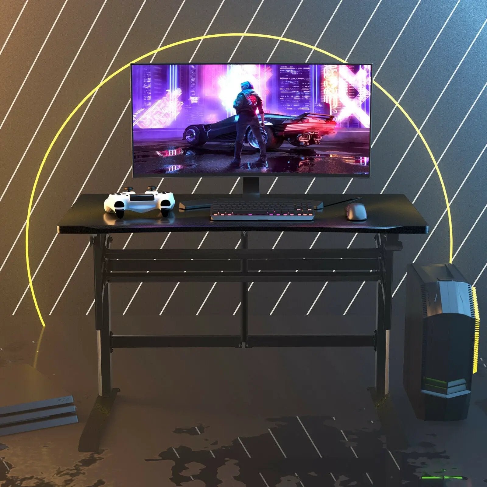 Pneumatic Height Adjustable Gaming Desk T Shaped Game Station with Power Strip Tray-Black by DirectDeals