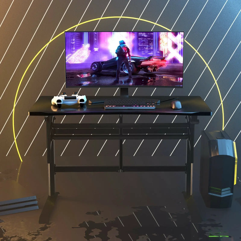 Pneumatic Height Adjustable Gaming Desk T Shaped Game Station with Power Strip Tray-Black by DirectDeals
