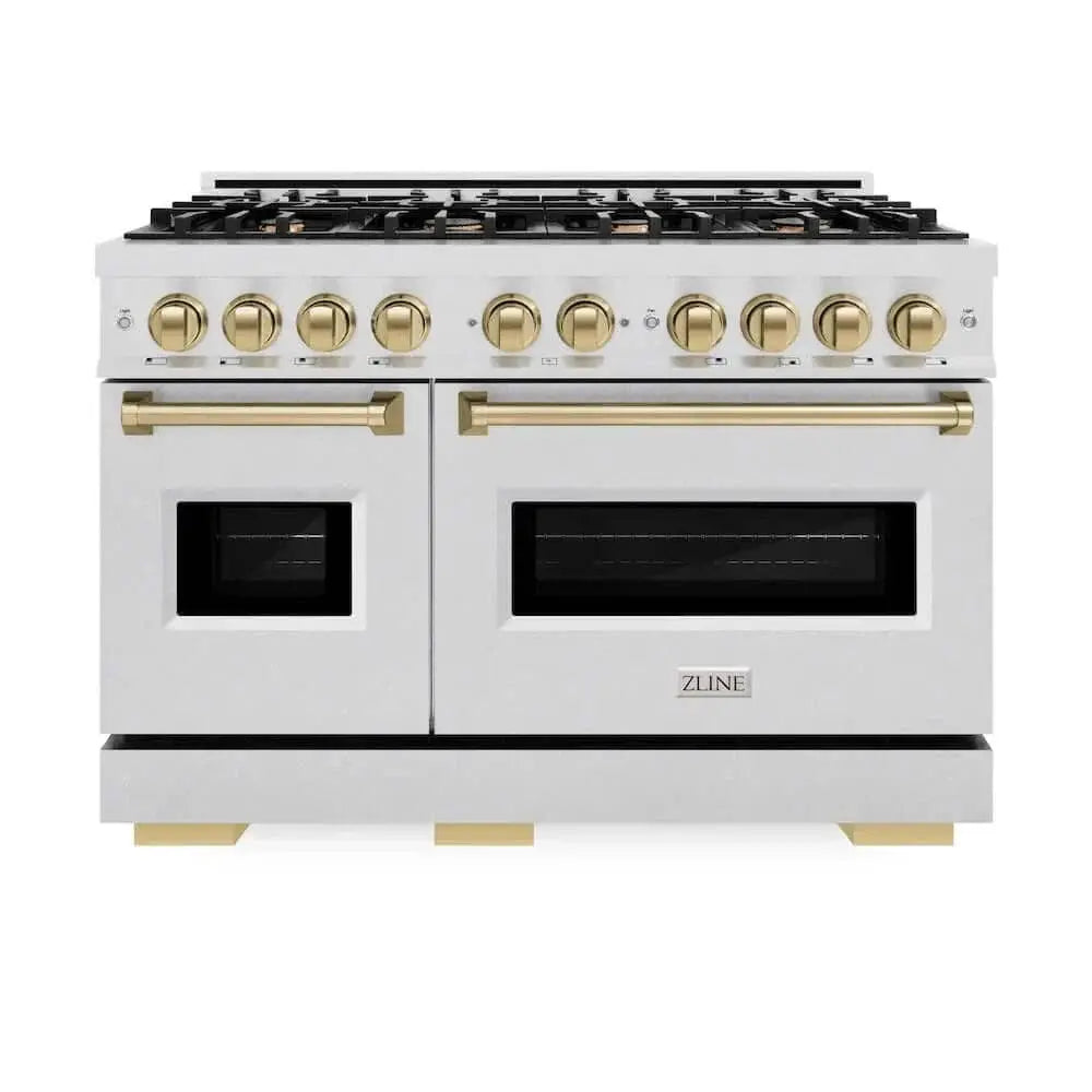 ZLINE 48" Classic Gas Range, Convection Gas Oven DuraSnow® Stainless Steel, Champagne Bronze CGRSZ-48-CB by Farmhouse Kitchen and Bath