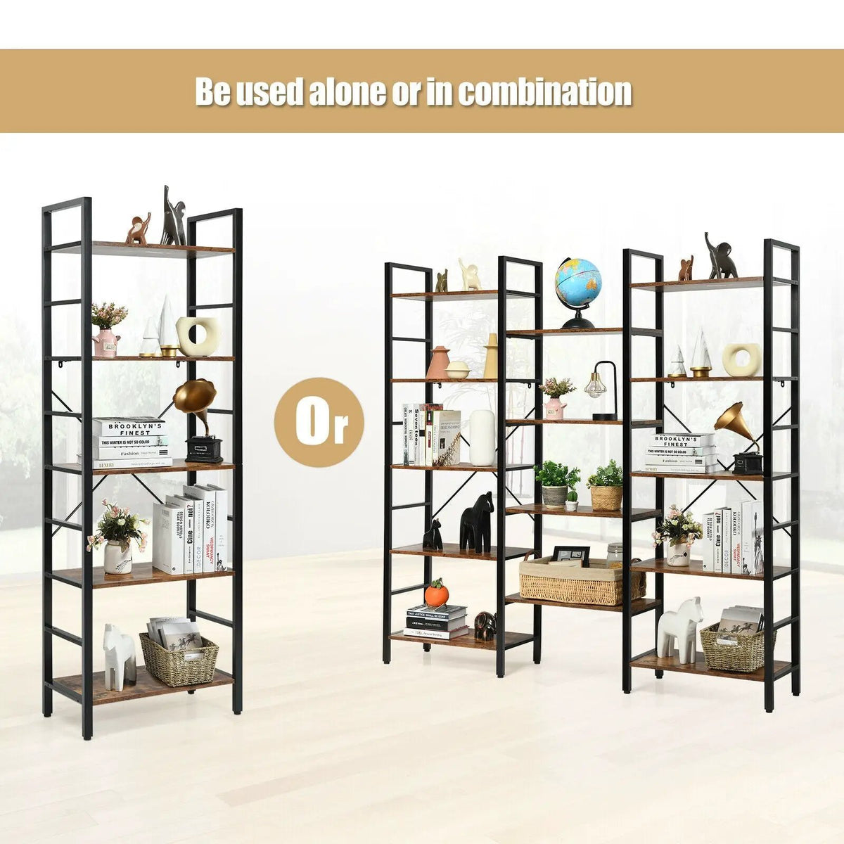 Vintage Triple Wide 5-Tier Bookcase Large Bookshelf Display Storage Shelf by DirectDeals