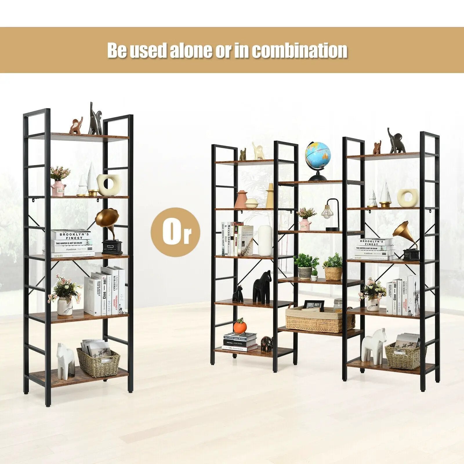 Vintage Triple Wide 5-Tier Bookcase Large Bookshelf Display Storage Shelf by DirectDeals