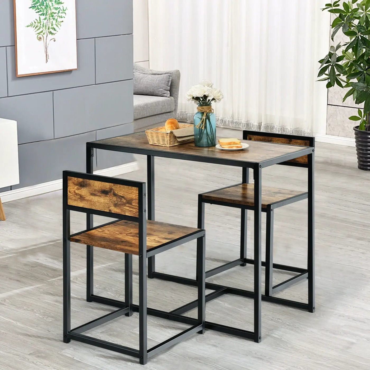 3 Pcs Dining Set Compact Table and 2 Chair with Metal Frame for for Small Space by DirectDeals