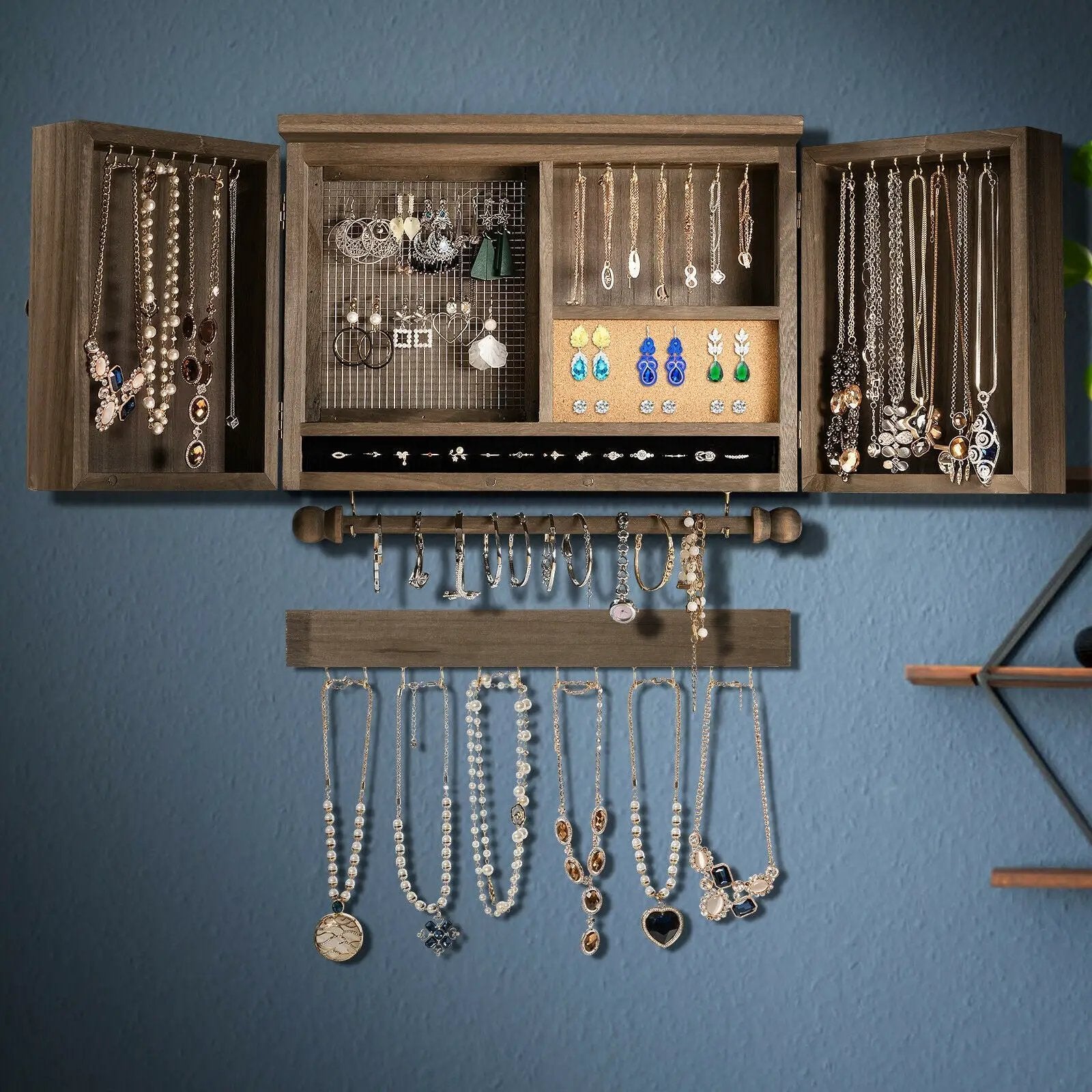 Vintage Wood Wall Mounted Jewelry Organizer with Barn Door-Brown by DirectDeals
