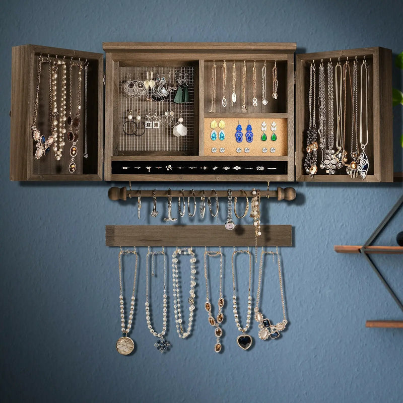 Vintage Wood Wall Mounted Jewelry Organizer with Barn Door-Brown by DirectDeals