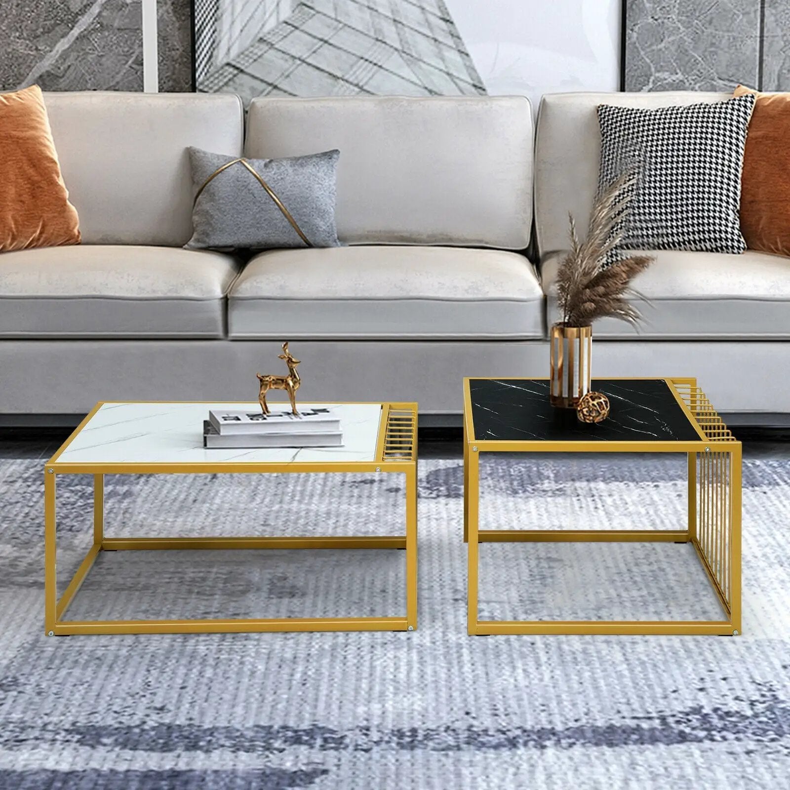 Set of 2 Modern Stackable 31.5 Inch Side Table with Waterproof Faux Marble Tabletop by DirectDeals