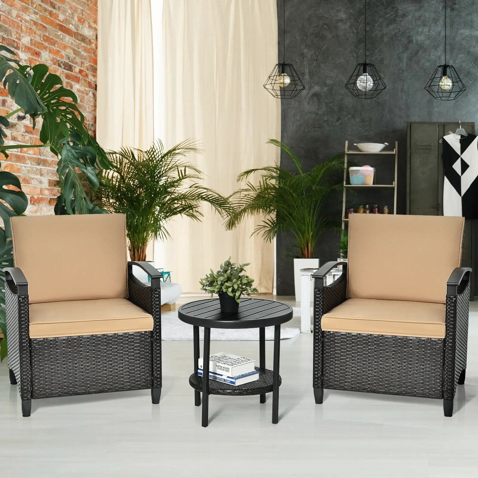 3 Pieces Patio Rattan Furniture Set Cushioned Sofa Storage Table with Shelf Garden by DirectDeals
