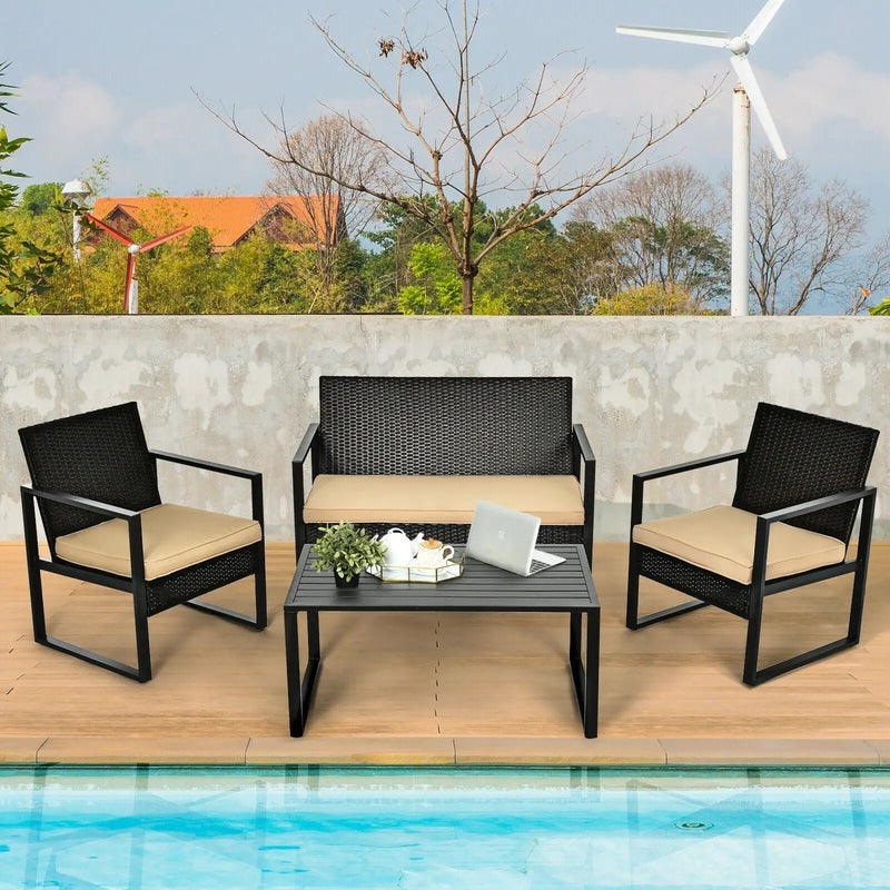 4 Pieces Patio Rattan Furniture Set with Seat Cushions and Coffee Table by DirectDeals