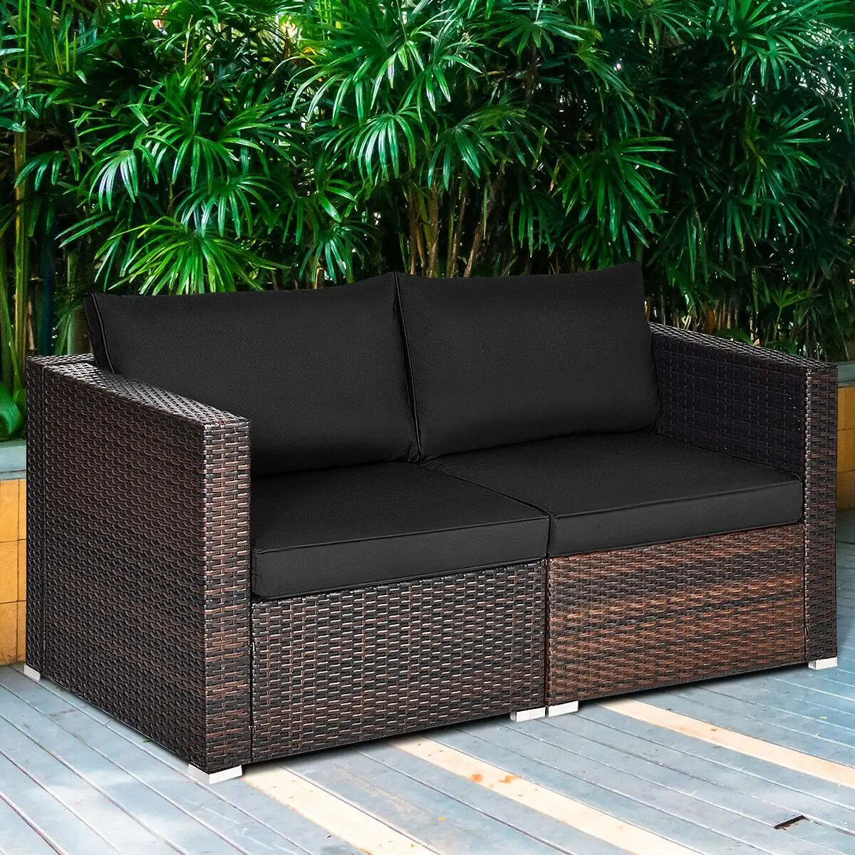 2 Pieces Patio Rattan Sectional Conversation Sofa Set-Beige by DirectDeals
